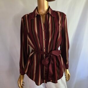 Striped Button-Down Shirt with Waist Tie in Burgundy
